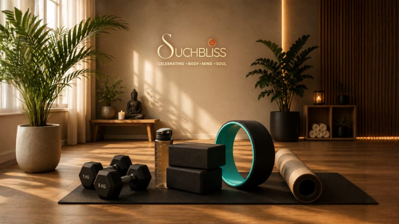 Yoga mat, blocks, and wheel on grass